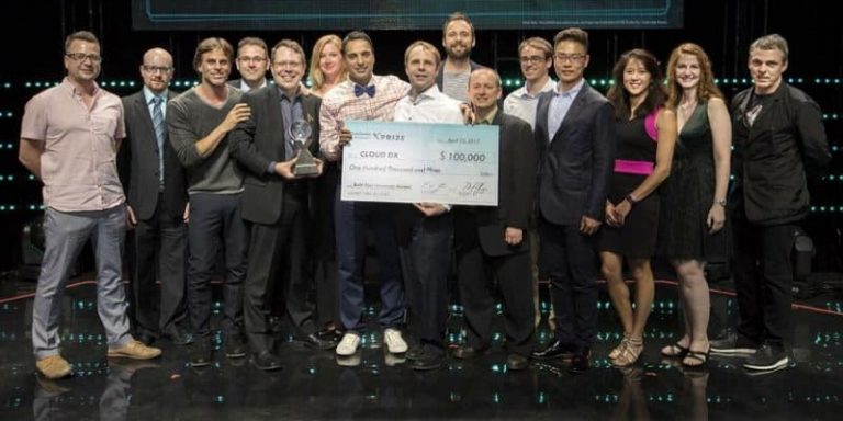 Cortex Design founder Dylan Horvath (far left) with Team CLOUD DX on-stage at the 2017 XPRIZE Awards in Hollywood, California.