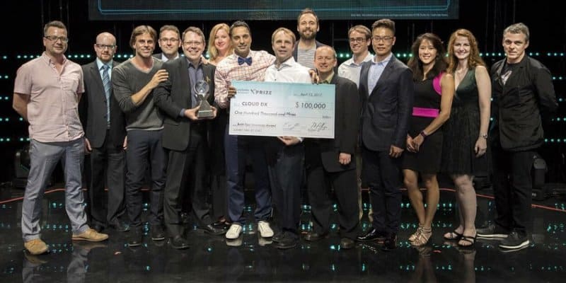 Cortex Design founder Dylan Horvath (far left) with Team CLOUD DX on-stage at the 2017 XPRIZE Awards in Hollywood, California.