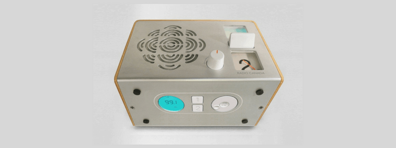 CBC retro style radio with CBC logo speaker grille, plywood and sheet metal enclosure product designs